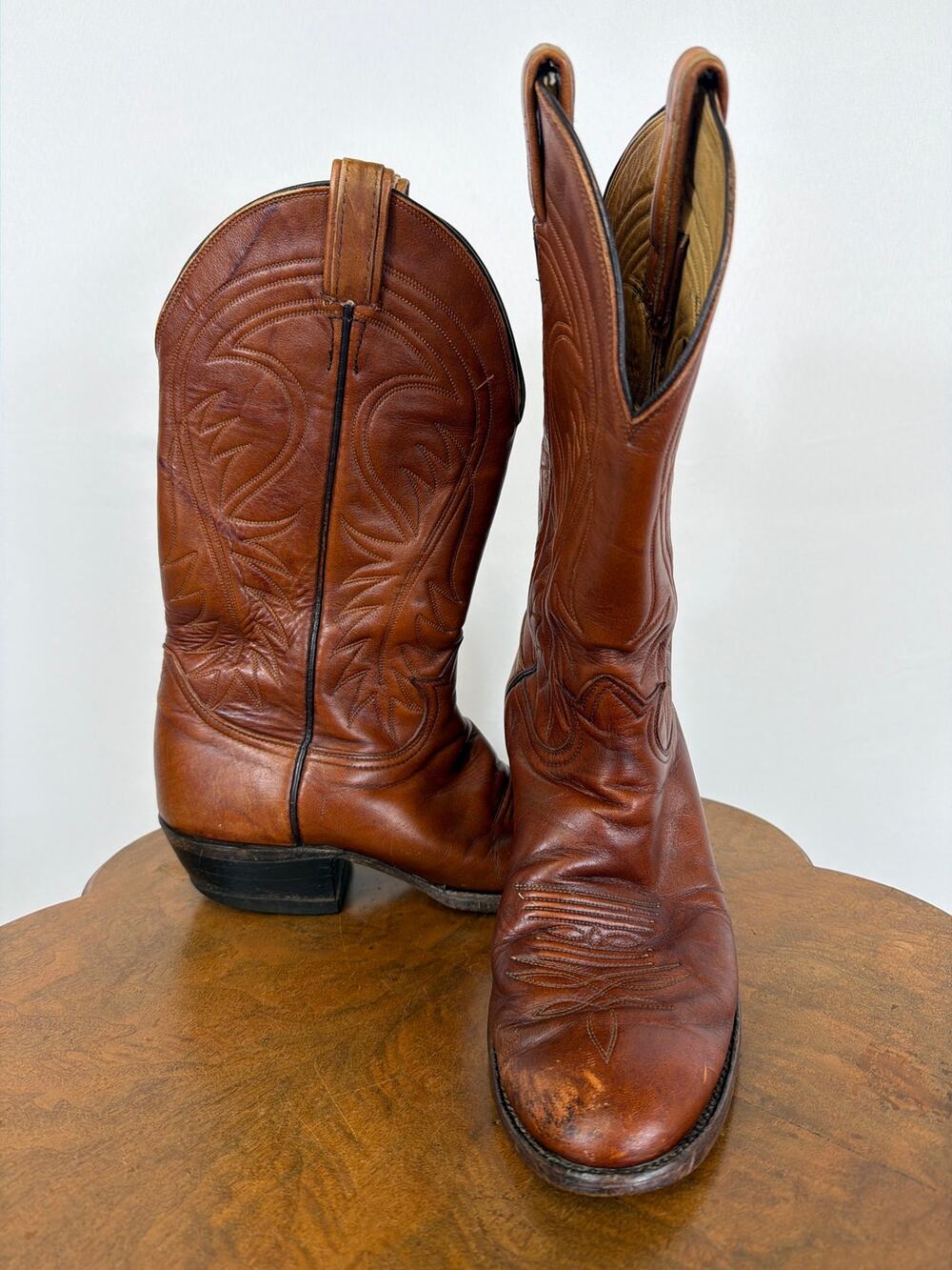 Tony Lama Brown Leather Western Cowboy Boots Stitching Size 10.5 Made In USA